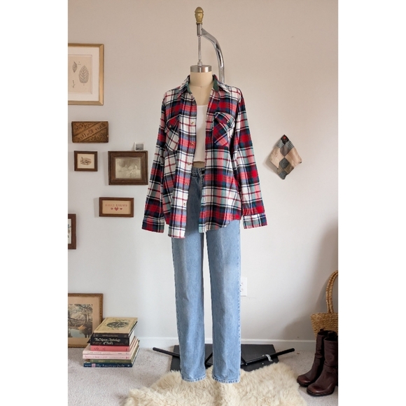 Vintage Flannel Plaid Cotton Unisex Button Down Shirt - Picture 2 of 16